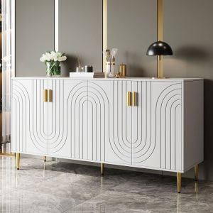 Buffet Cuisine Avec 4 Portes Buffet Bas Salle A Manger Design Unique En VaguesPoignées Et Pieds Dorés 152 X 40 X 75 Cm - Blanc