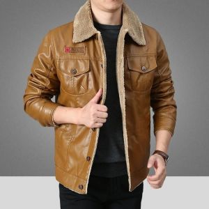 Veste en cuir Funmoon - Automne Hiver - Bouton de poche - Homme