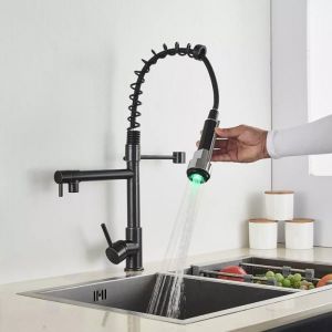 Robinet Cuisine Noir LED Robinetterie &agrave; Ressort - Mitigeur Cuisine avec Douchette Extensible Rotation 360&deg; 2 Modes de Pulv&eacute;risation