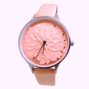 New Montre Femme Cuir FLEUR P&eacute;tale Relief Rosace Rose Pastel Clair ID&Eacute;E CADEAU