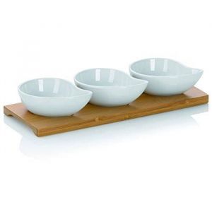 Set Ap&eacute;ritif - Kela - Philipa - 3 Coupelles en Porcelaine - Plateau en Bambou - Blanc
