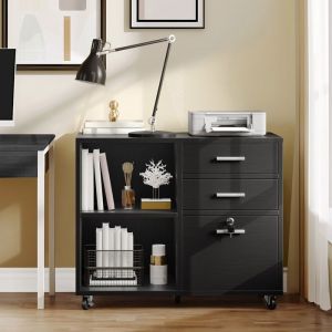 YITAHOME Caisson de bureau mobile en Bois à 3 tiroirs Armoire de Rangement avec Verrouillable Noir 80 x 40 x 65 cm