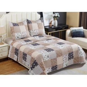 Couvre-lit matelassé - B-1-120 - 220x240cm - 2 Taies 65x65cm - Microfibre - Beige et Gris