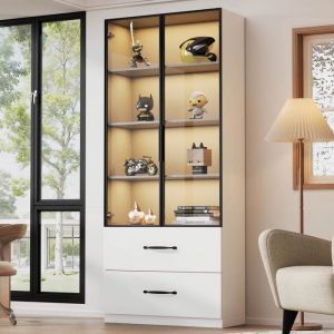 Vitrine LED 60x40x160 cm Meuble vitrine verre tremp&eacute; avec &eacute;clairage LED multicolore 2 portes 2 tiroirs cadre aluminium - Blanc
