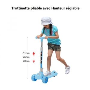 BLEU Trottinette &agrave; 3 roues lumieuse pour gar&ccedil;on fille Willonin&reg; Patinette pliable et hauteur ajustable Cadeau jouet denfant
