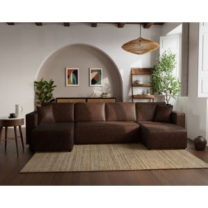 Topaze - canapé panoramique en U 7 places convertible avec coffre en simili - Marron