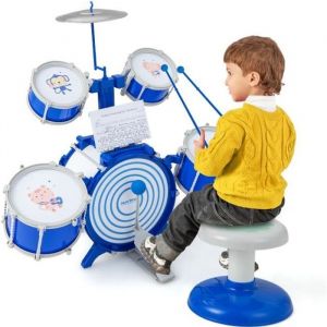 DREAMADE Kit de Batterie pour Enfants avec Tabouret 5 Tambours 2 Baguettes Pupitre et Pédale Jouet dInstrument de Musique Bleu