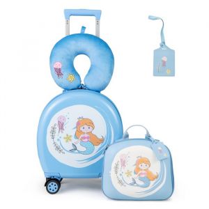 COSTWAY 35 L Valise Enfant à Roulettes 14’’ + Sac à dos 10’’ avec Oreiller de Cou Étiquette de Bagage Voyages en Avion Bleu