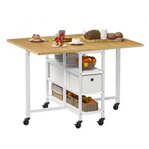 Balconera Table de salle &agrave; manger pliante table mobile &agrave; abattant avec 6 roulettes et tiroirs de rangement ch&ecirc;ne et blanc