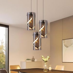 Nettlife Suspension LED - Suspension en verre 3 lumi&egrave;res 23W ronde gris fum&eacute; style r&eacute;tro hauteur r&eacute;glable 3000K
