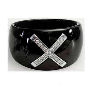 Bague en c&eacute;ramique noire Bijouxia - Croix Zirconium - Argent 925/1000