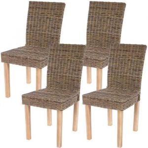 Lot de 4 chaises de séjour Littau en osier et rotin kubu - Style ethnique - Gris - Bois massif - Salle à manger