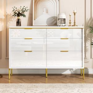 Buffet moderne 6 tiroirs blanc et dor&eacute; laqu&eacute; brillant grand rangement pour salon/salle &agrave; manger/entr&eacute;e120x40x855cm