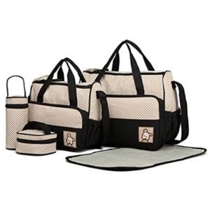 5 pcs Bébé Ensemble de sacs à langer de multifonction Ensemble de sac avec motif imprimé pois - Noir
