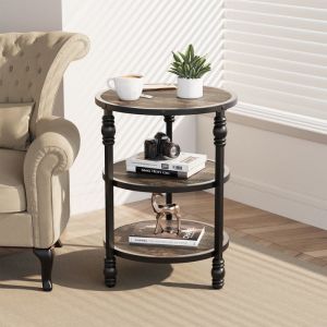 Table dappoint ronde vintage industrielle à 3 niveaux avec cadre en métal robuste - Bout de canapé  - Table de chevet  -46x46x60cm