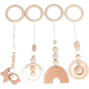 4 Pcs Nordique Bébé Jouet Anneau Dentition Pendentif Bébé Bois sans Accessoire de Gym pour Portique déveil Bois Jouet Enfant 1 an