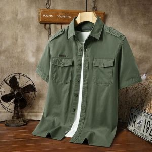 Chemise Homme en Coton Manches Courtes Regular Fit Casual Militaire - Vert - INSFITY
