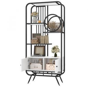 Biblioth&egrave;que &agrave; 3 &Eacute;tag&egrave;res Armoire de Rangement Blanche avec Double Porte &Eacute;tag&egrave;re en M&eacute;tal Noir Meuble de Rangement 80x30x180cm