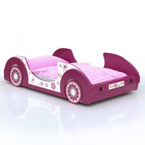 Lit voiture rose "Butterfly" Motifs fleurs Lit fille avec Sommier lattes 90x200