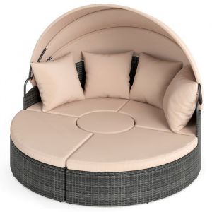 LIFEZEAL Transat Ext&eacute;rieur en Rotin Tress&eacute; &agrave; la MainBain de Soleil Rond avec ToitCanap&eacute;s  avec Parasol R&eacute;glable Table