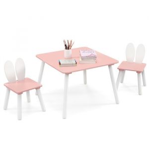 DREAMADE Table Enfants avec 2 Chaises &agrave; Oreilles de Lapin Pieds en Bois Massif Peu Encombrante Charge 40KG 3-6 Ans Rose