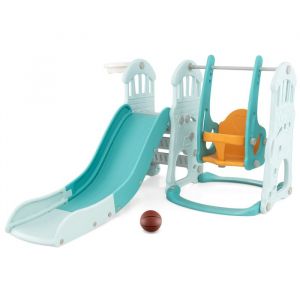 Ensemble de Toboggan 4 en 1 pour Enfant COSTWAY-Panier de Basket-Balançoire Réglable en 3 Hauteur-18+ Mois-185 x 150 x 102 cm
