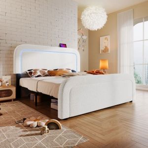 Lit Double Lit capitonné 160x200 cm Lit LED Lit enfant Lit adulte avec sommier et USB C avec te de lit réglable Sherpa blanc