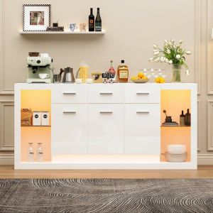 Buffet 160 x 40 x 75 cm meuble de salon laqu&eacute; brillant avec &eacute;clairage LED 3 tiroirs espace de rangement ouvert - Blanc