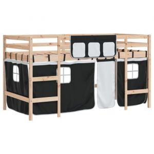 69080& Lit combin&eacute; mezzanine enfants avec rideaux - KALISSE - 90x200cm - L205.5x l95.5x H113.5 cm