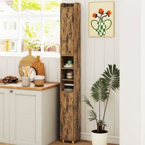 GOPLUS Colonne pour Salle de Bain Haut et &Eacute;troit avec 2 Portes  &Eacute;tag&egrave;re R&eacute;glable sur 3 Niveaux Marron