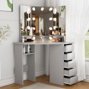 Coiffeuse avec miroir et LED - HOMDOX - Table de maquillage - 5 tiroirs - étagère - Gris