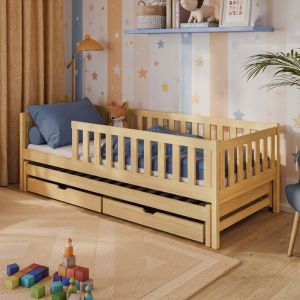 Lit enfant 3en1 80x180 cm - Lit simple avec lit gigogne - 2 tiroirs - Sommier inclus - Lit en bois massif - Pin naturel