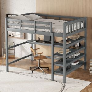 Dripex Lit surélevé 140 x 200cm avec étagères de rangement et bureau sous le lit,Bureau-lit pour les enfants et étudiants,Gris