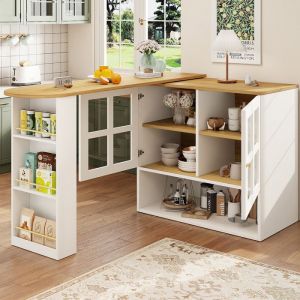 Buffet pivotant &agrave; 360&deg; - multifonctionnel - &eacute;tag&egrave;re &agrave; snacks 5 surfaces de rangement buffet pivotant avec &eacute;tag&egrave;res et vitreblanc