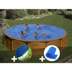 Kit piscine acier aspect bois Gr&eacute; Mauritius ronde 570 x 132 m + B&acirc;che hiver + B&acirc;che &agrave; bulles