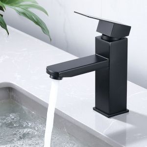Robinet Salle de Bain Mitigeur de Lavabo avec Poign&eacute;e Carr&eacute;e Robinetterie pour Salle de Bain Mousseur D&eacute;montable Noir