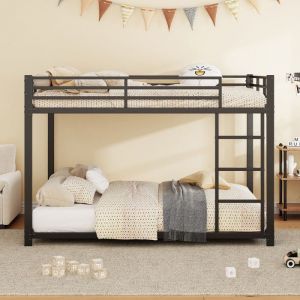 Lit superposé 140*200cm lit enfant avec sommier à lattes lit 4 persons aver Garde-corps de sécurité lit double lit en fer noir