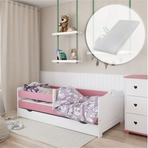 Lit enfant 80x180 cm avec matelas et sommier - Tiroir de rangement - Lit fille avec barrière de lit - Motif cœur - Blanc et Rose