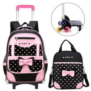 Cartable Roulette Fille Primaire Sac Dos pour Enfant avec Sac Main pour Lcole et Voyage pour Enfants Noir et Rose PZCC