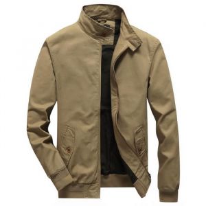 Blouson Homme Mi Saison Veste Zippée en Coton Col Montant Style Militaire Couleur Unie - Kaki - INSFITY