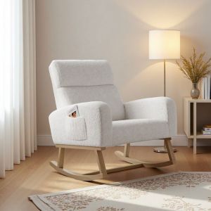Fauteuil &agrave; BasculeRocking Chair avec rangement de pocheTissu BlancStyle ScandinavePour SalonChambreBalconCharge 150 kg