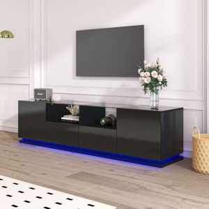 Meuble TV Contemporain avec Tiroirs Portes Armoire Noir Haut Brillant Etagère en Verre Table Basse à éclairage LED 165x38x43cm