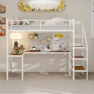 Lit mezzanine avec bureau en L et escalier avec rangements Blanc Maisentiel