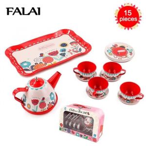 Service &agrave; Th&eacute; Dinette Enfant Jouet Cuisine en M&eacute;tal - Color&eacute; Fleur Impression - Rouge - Mixte