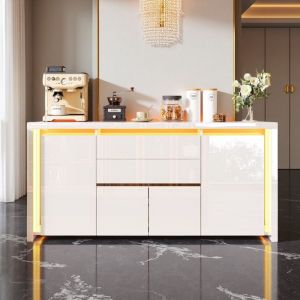 Buffet scandinave - 160 cm - Blanc laqu&eacute; - LED 7 couleurs - 4 portes 2 tiroirs