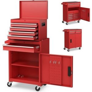 GOPLUS Servante d’Atelier avec Coffre AmovibleCoffre à Outils Roulant avec 5 Tiroirs/Armoire Réglablepour Garage/AtelierRouge