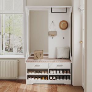 Meuble dEntrée - Novélys - avec Banc Miroir Penderie & Rangement à Chaussures - Vestiaire Complet Tout-en-Un - Blanc