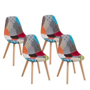 Lot de 4 chaises - DOWISDOLY - Scandinave - avec pieds en h&ecirc;tre - Patchwork rouge