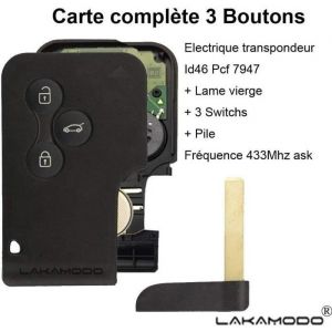 Cl&eacute; Carte Compl&egrave;te + &eacute;lectronique Vierge &agrave; Programmer Pour Renault M&eacute;gane 2 Sc&eacute;nic 2 3 Boutons