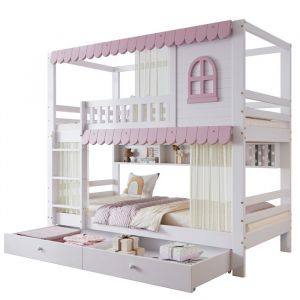 Lit superpos&eacute; 90x200 cm en pin et MDF blanc/rose fen&ecirc;tres et rideaux tiroirs et &eacute;tag&egrave;res s&eacute;curit&eacute; EN-747